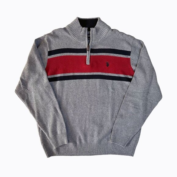 U.S. Polo Assn. Other - Men's Quarter Zip Sweater XL Gray Red Chest Stripe Preppy Classic Sporty Office